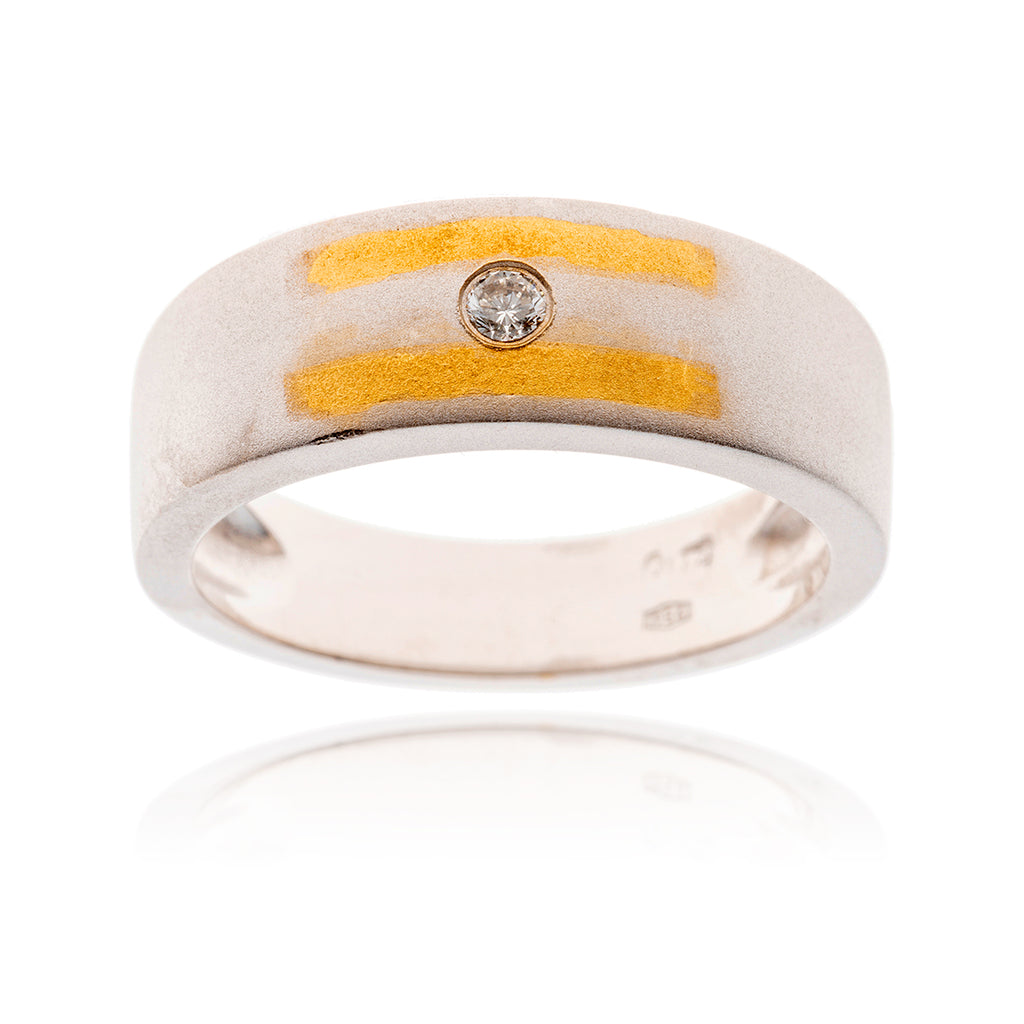 18KT White Gold Band with Yellow Gold Stripes and a Bezel Set Diamond Default Title