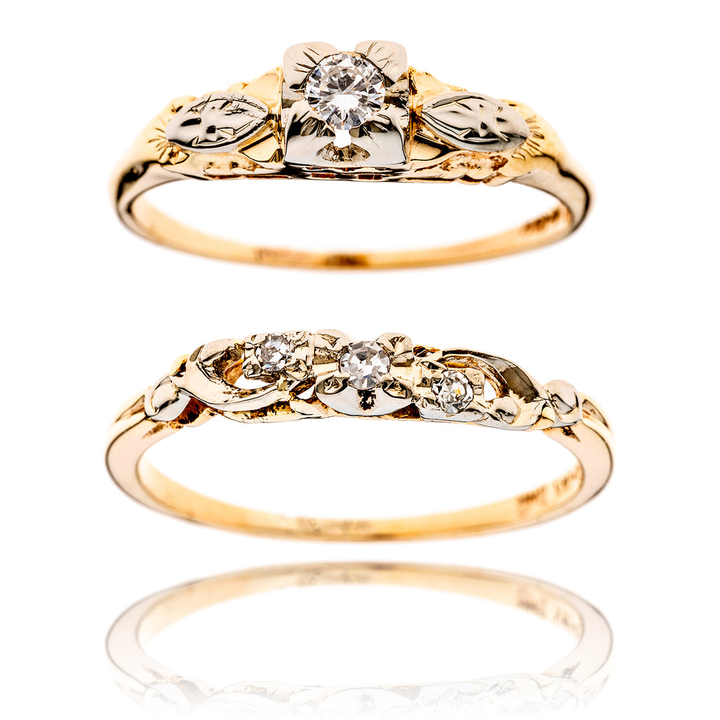 14-18KT Yellow and White Gold Diamond Engagement Ring Set with Matching Wedding Band Default Title