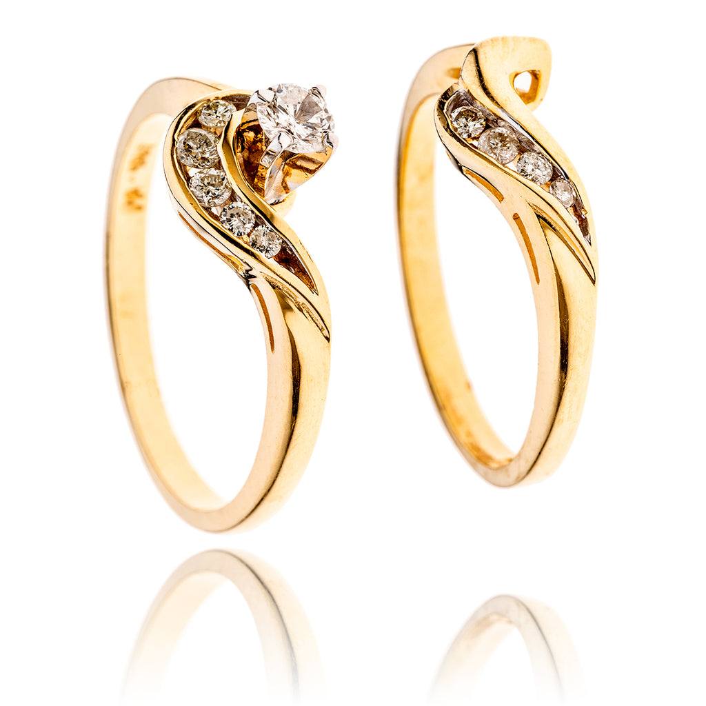 14KT Yellow and White Gold Diamond Swirl Engagement Ring and Wedding Band Set Default Title