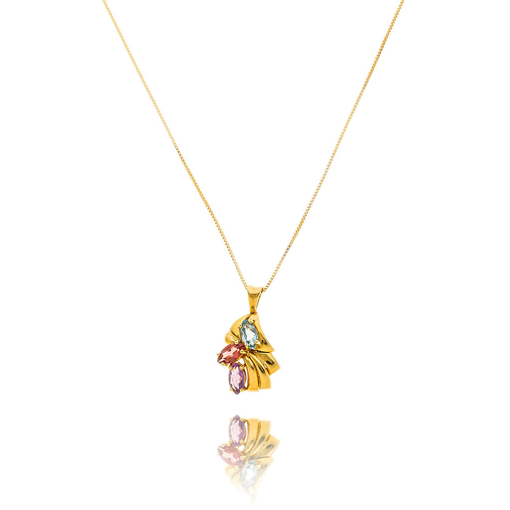18kt Yellow Gold Detailed Pendant Featuring Blue Topaz, Rhodolite and Amethyst Marquise Cut Gemstones Default Title