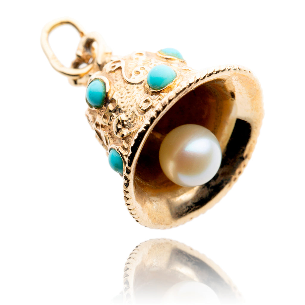10K Yellow Gold Turquoise & Pearl Bell Charm Default Title