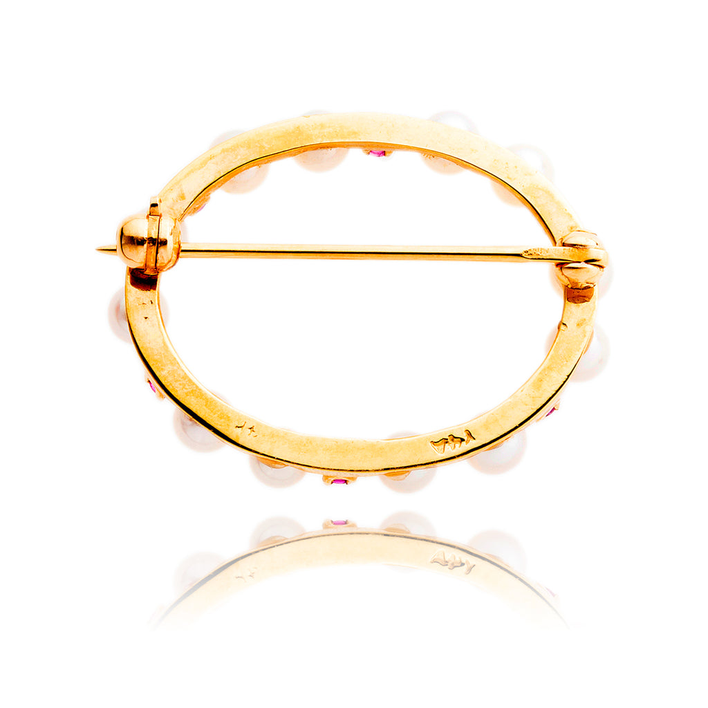 14kt Yellow Gold Pearl & Ruby Circle Brooch Default Title