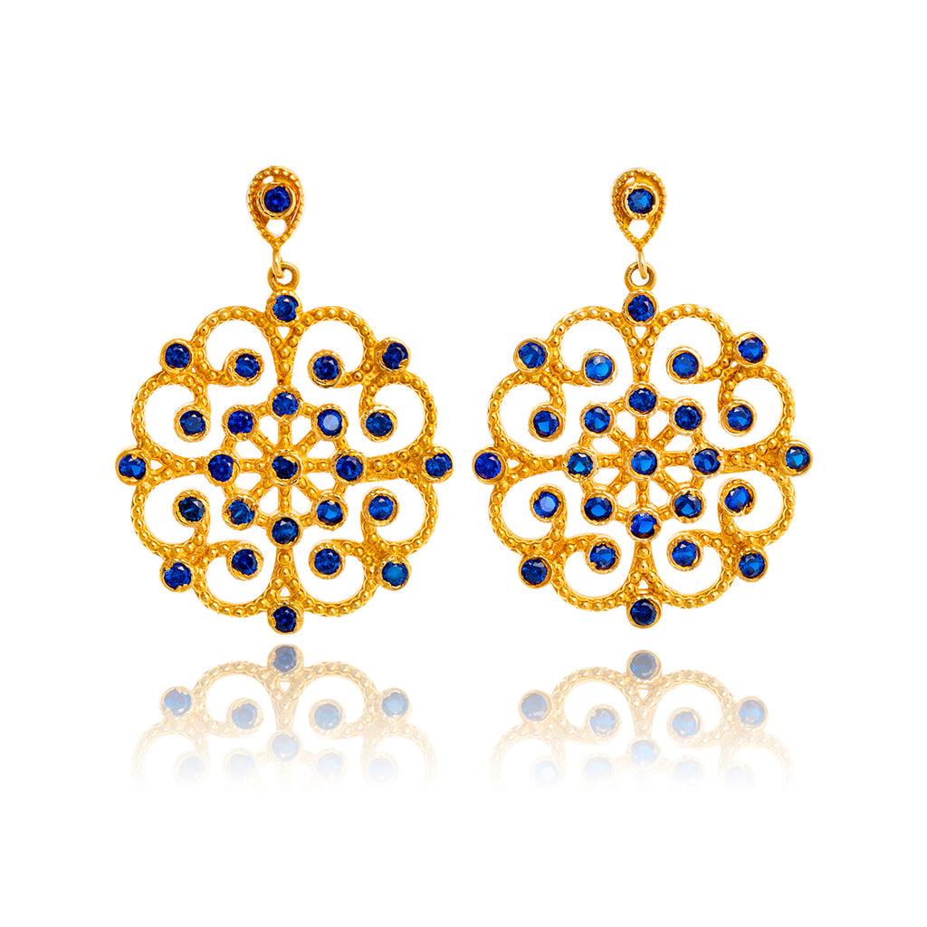 18Kt Yellow Gold Fancy Drop Style Earrings With Synthetic Sapphires Default Title