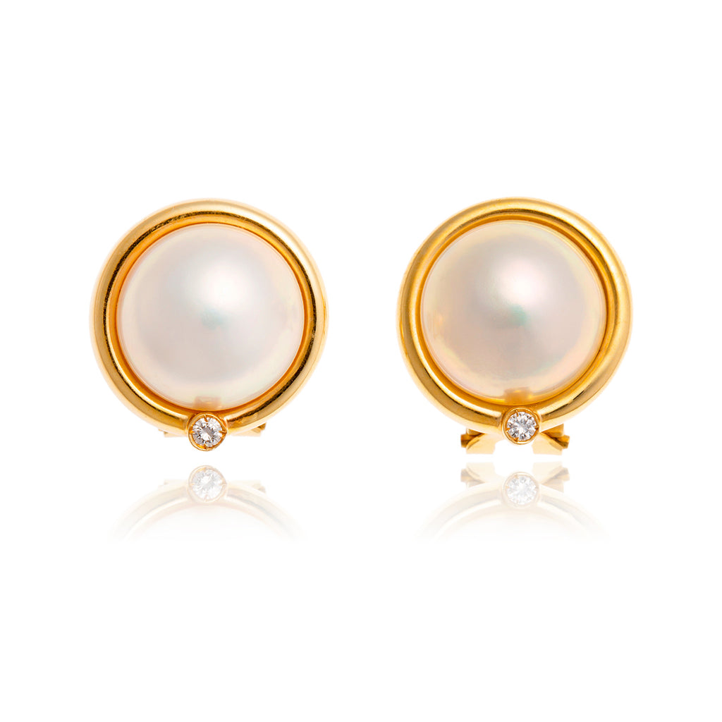 Custom Made 14Kt Yellow Gold Mabe Pearl And Diamond Earrings Default Title