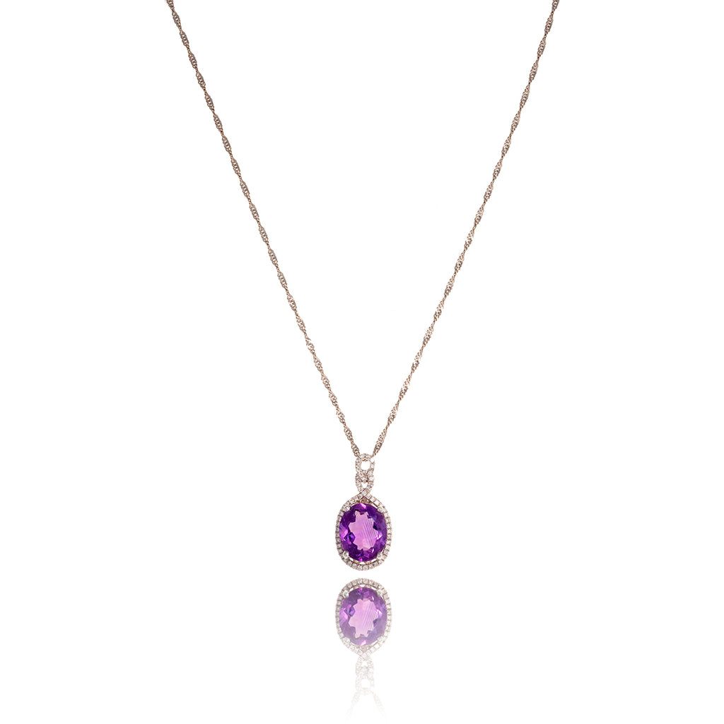 18Kt White Gold 4.20Ct Oval Shaped Amethyst And Diamond Pendant With 10Kt Chain Default Title