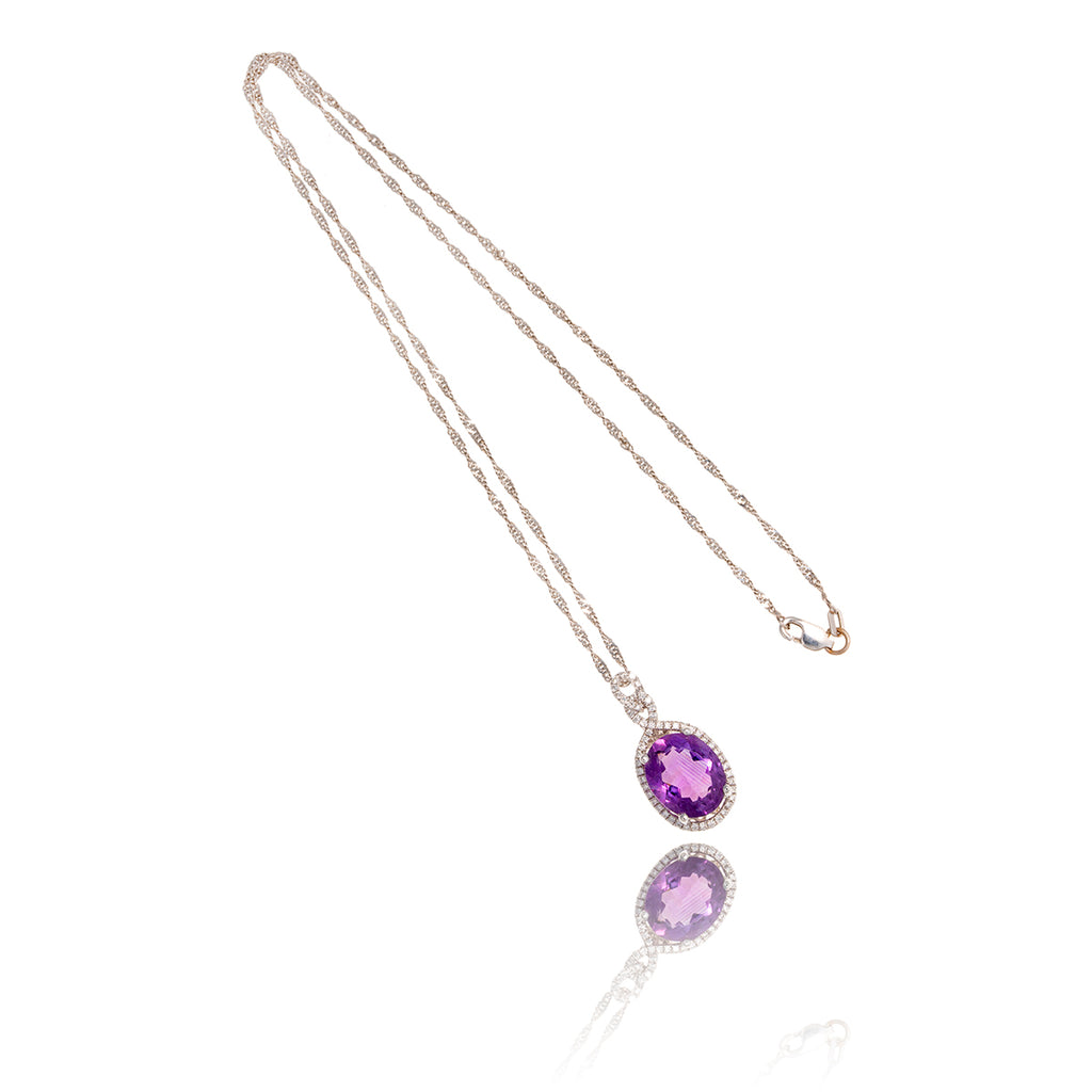 18Kt White Gold 4.20Ct Oval Shaped Amethyst And Diamond Pendant With 10Kt Chain Default Title