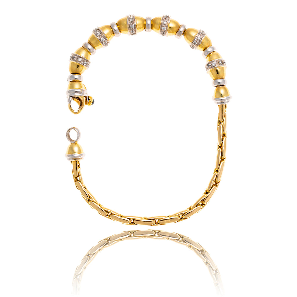Italian Made 14Kt Yellow And White Gold Fancy Bracelet With Cz Set Beads And Cable Link Default Title