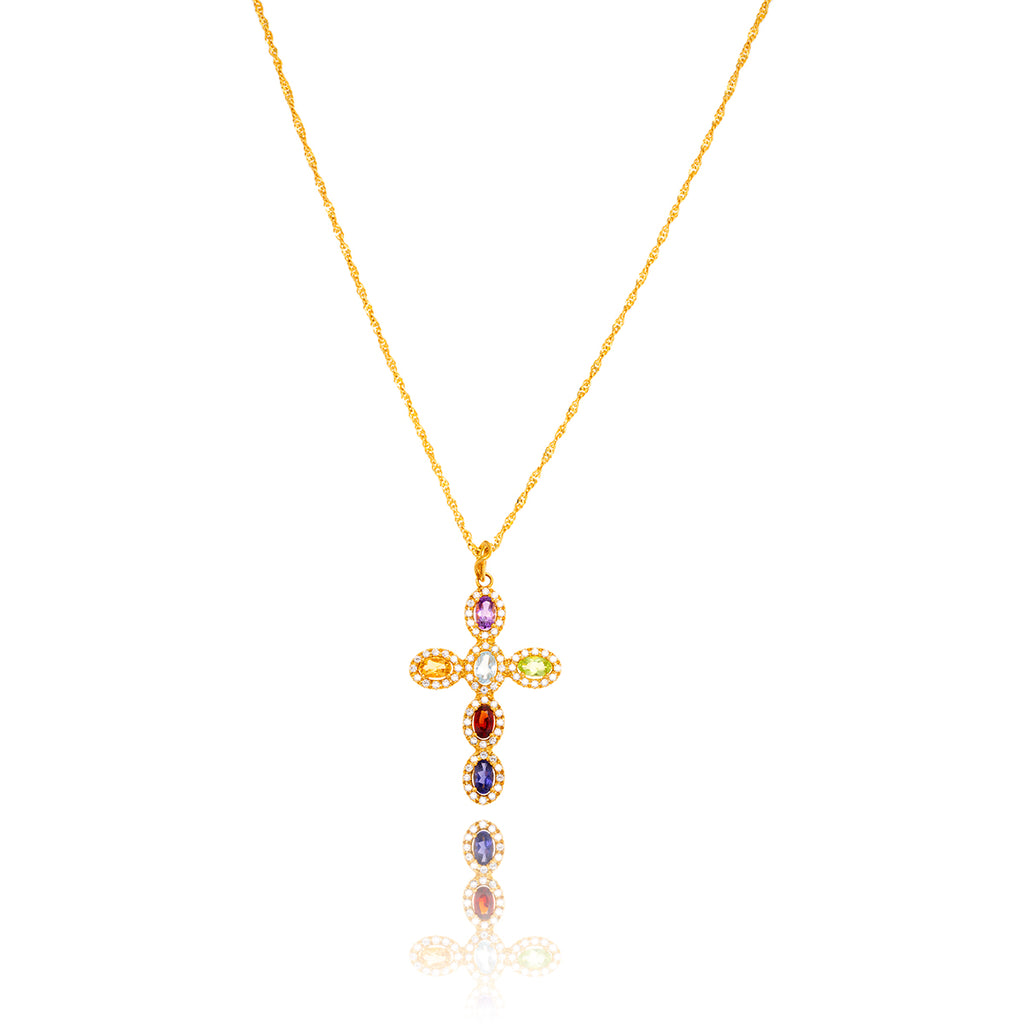 18KT Yellow Gold Multi-Gemstone Cross Pendant With 17" Twisted Curb Link Chain Default Title