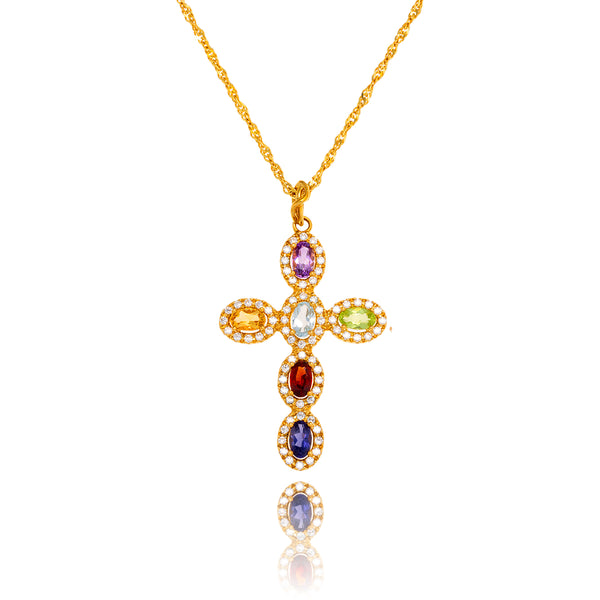 18KT Yellow Gold Multi-Gemstone Cross Pendant With 17" Twisted Curb Link Chain Default Title