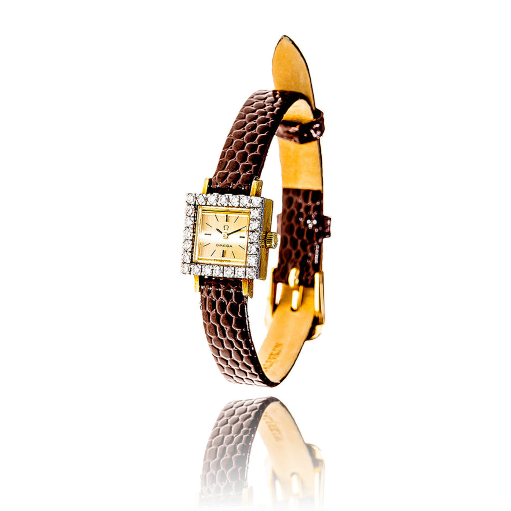 Lady's 18KT Yellow and White Gold OMEGA Swiss Made Dress Watch with Diamond Bezel and Calfskin Strap Default Title