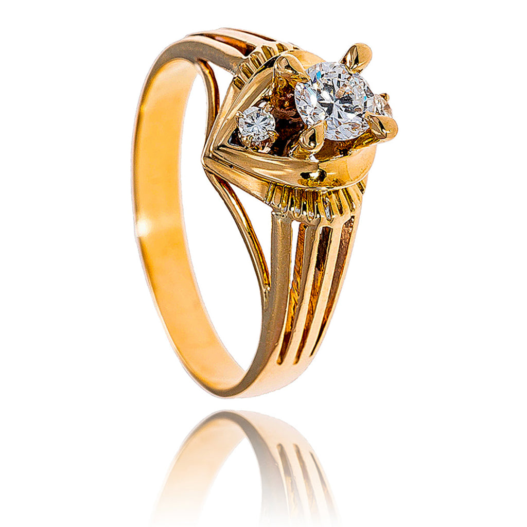 14KT Yellow Gold .33 Carat Diamond Engagement Ring with Diamonds Set on the North and South Tips and Finished with an Open Ribbed Band Default Title