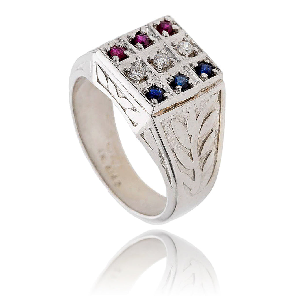 Gentleman'S 14K White Gold 9-Stone Sapphire, Ruby & Diamond Ring Default Title