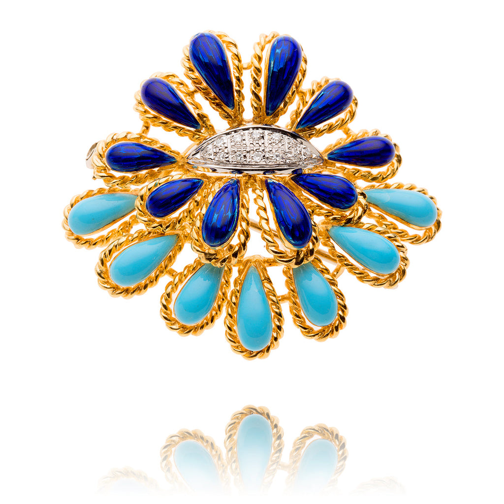 18K Yellow & White Gold Diamond Brooch With Turquoise & Cobalt Blue Enameling Default Title