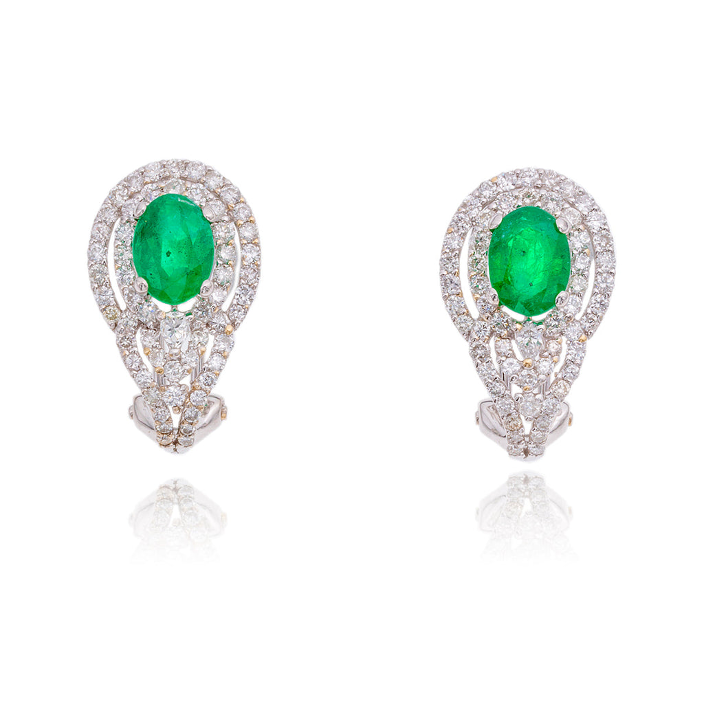 18K White Gold Custom Emerald & Diamond Omega Back Earrings Default Title